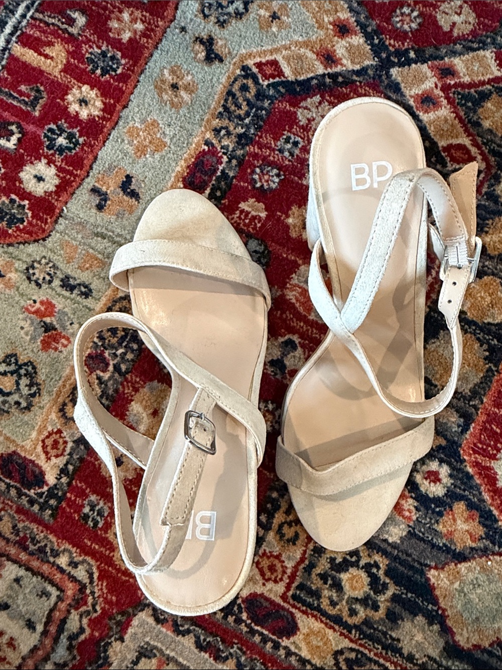 bp Beige Suede Ankle-Strap Block Heel Sandals